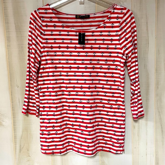 Outback Red Tops - NWT Outback Red Red And White Striped Anchor Patterned Long Sleeve Top Sz M